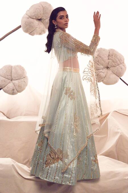 Shop_Payal & Zinal_Blue Gingham, Net, Gabardine Sequins, Beads, Dragonfly Bridal Lehenga Set _Online_at_Aza_Fashions