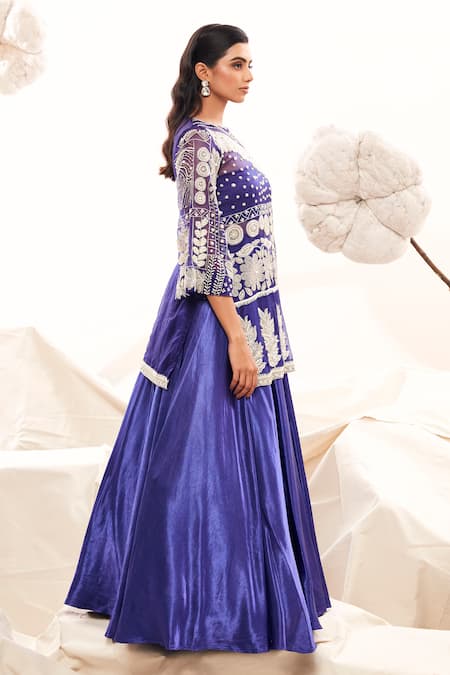 Payal & Zinal_Blue Gabardine, Organza Pearls, Sequins, Beads Embroidered Kurta Lehenga Set _Online_at_Aza_Fashions