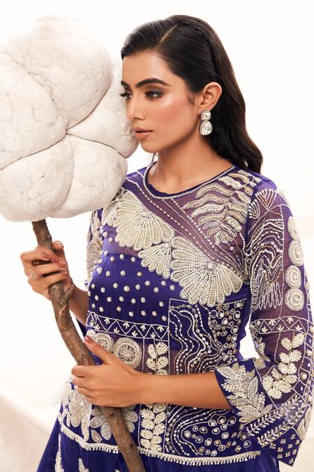 Shop_Payal & Zinal_Blue Gabardine, Organza Pearls, Sequins, Beads Embroidered Kurta Lehenga Set _Online_at_Aza_Fashions