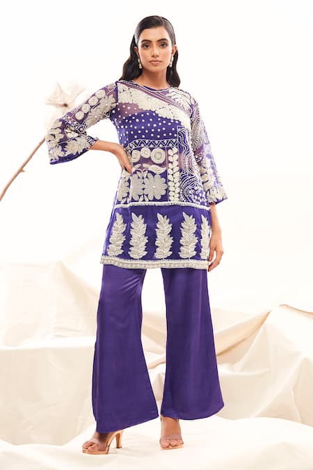 Payal & Zinal Blue Gajji Silk Embroidery Pearl Round Floral Kurta And Pant Set 