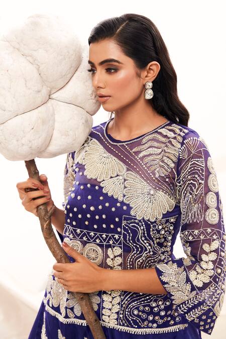 Buy_Payal & Zinal_Blue Gingham, Silk, Organza Pearls, Sequins, Floral Embroidered Kurta And Pant Set _Online_at_Aza_Fashions