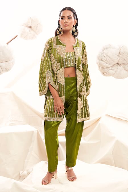 Payal & Zinal Green Gajji Silk Embroidery Sequin Jacket Open Floral Dhoti Pant Set 