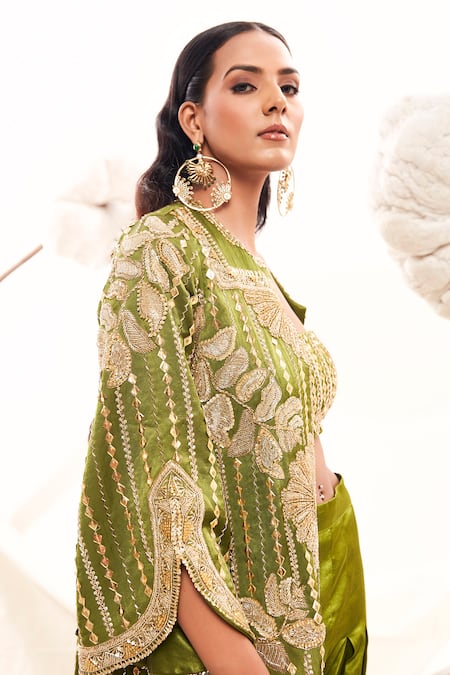 Payal & Zinal_Green Gingham, Silk Sequins, Cut Work, Floral Embroidered Jacket Dhoti Pant Set _Online_at_Aza_Fashions