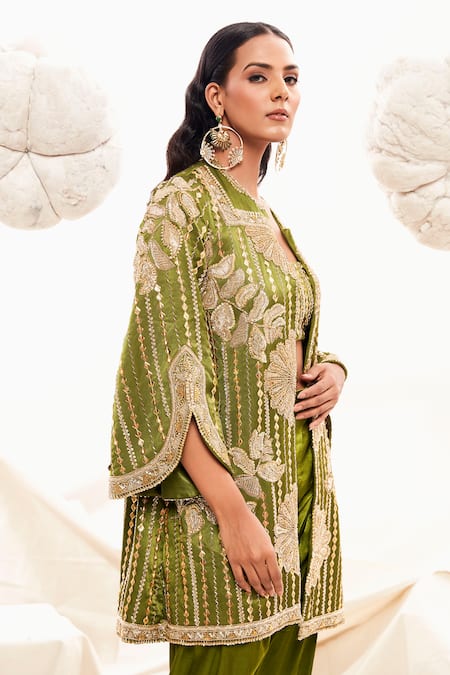 Buy_Payal & Zinal_Green Gingham, Silk Sequins, Cut Work, Floral Embroidered Jacket Dhoti Pant Set _Online_at_Aza_Fashions