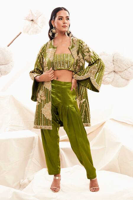 Shop_Payal & Zinal_Green Gingham, Silk Sequins, Cut Work, Floral Embroidered Jacket Dhoti Pant Set _Online_at_Aza_Fashions