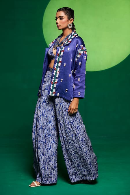 Payal & Zinal_Blue Gingham, Gabardine Beads, Pearls, Glass Embellished Blazer Pant Set _Online_at_Aza_Fashions