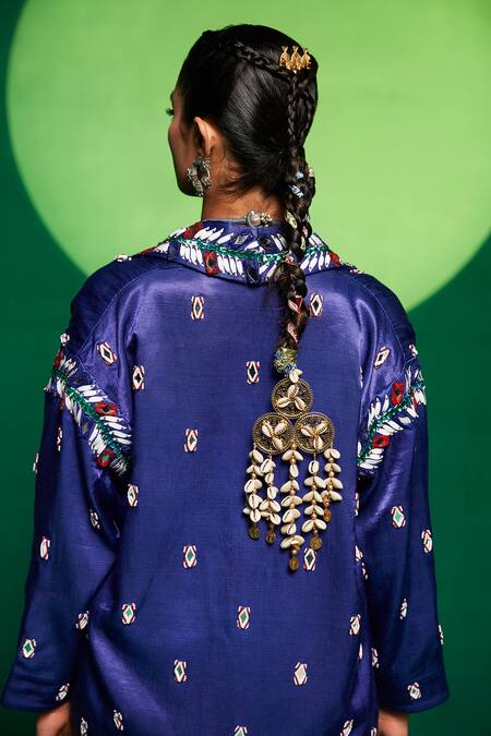 Buy_Payal & Zinal_Blue Gingham, Gabardine Beads, Pearls, Glass Embellished Blazer Pant Set _Online_at_Aza_Fashions