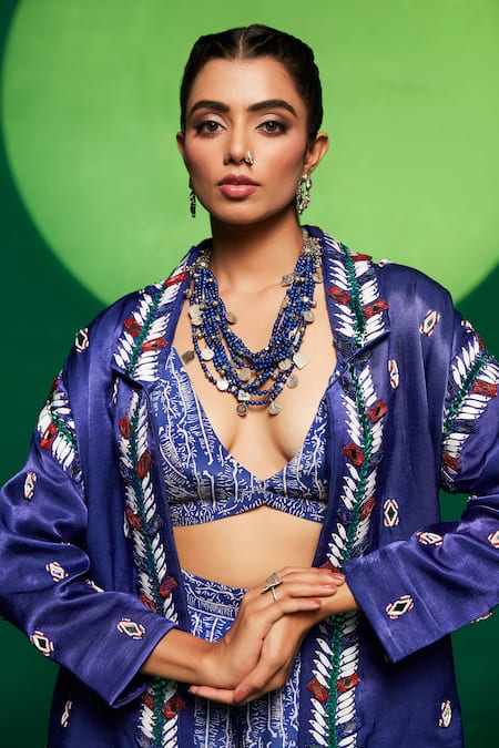 Shop_Payal & Zinal_Blue Gingham, Gabardine Beads, Pearls, Glass Embellished Blazer Pant Set _Online_at_Aza_Fashions