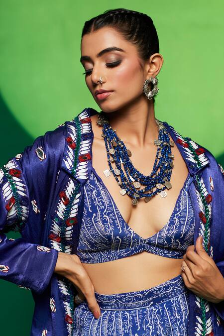 Payal & Zinal_Blue Gingham, Gabardine Beads, Pearls, Glass Embellished Blazer Pant Set _at_Aza_Fashions