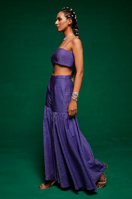 Buy_Payal & Zinal_Blue Organza, Chanderi Beads, Sequins, Embroidered Jacket Kurta And Sharara Set _Online_at_Aza_Fashions