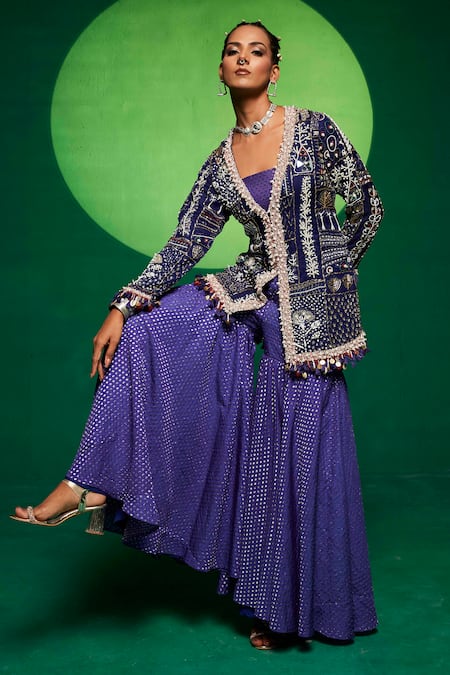 Shop_Payal & Zinal_Blue Organza, Chanderi Beads, Sequins, Embroidered Jacket Kurta And Sharara Set _Online_at_Aza_Fashions