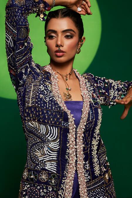 Buy_Payal & Zinal_Blue Organza, Chanderi Embroidery, Beads, Sequins, Glass Jacket Kurta Set _Online_at_Aza_Fashions