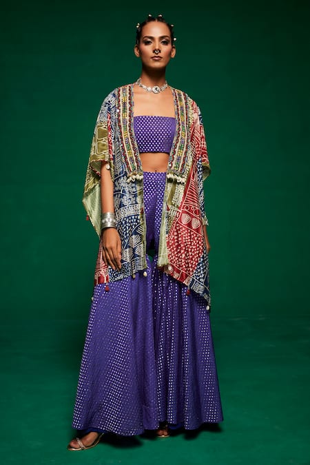 Payal & Zinal Purple Chanderi Printed Abstract Cape Open Sharara Set 