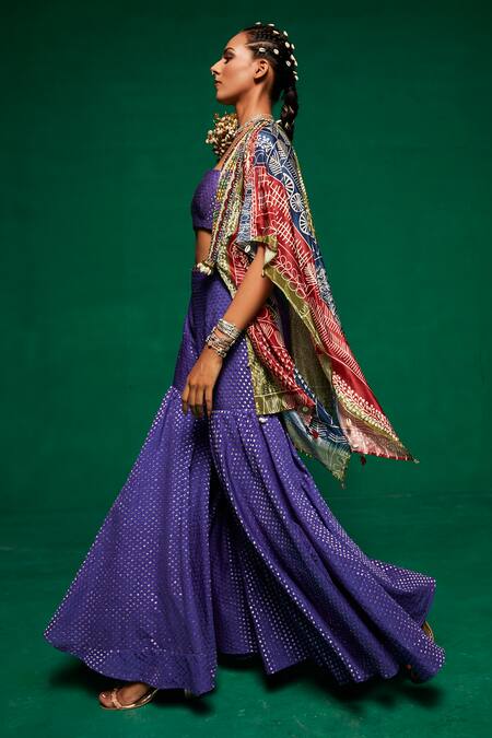 Buy_Payal & Zinal_Purple Chanderi, Muslin Tassels, Mirrors Square Abstract Print Cape Sharara Set _Online_at_Aza_Fashions
