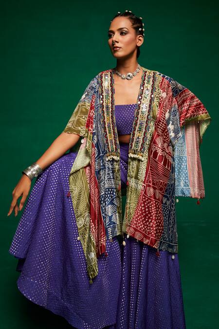 Shop_Payal & Zinal_Purple Chanderi, Muslin Tassels, Mirrors Square Abstract Print Cape Sharara Set _Online_at_Aza_Fashions