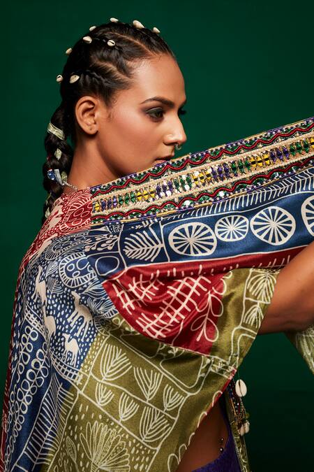 Payal & Zinal_Purple Chanderi, Muslin Tassels, Mirrors Square Abstract Print Cape Sharara Set _at_Aza_Fashions