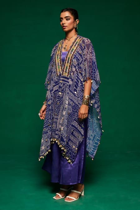 Payal & Zinal_Purple Georgette, Gabardine Tassels, Geometric Print Cape Flared Pant Set _Online_at_Aza_Fashions