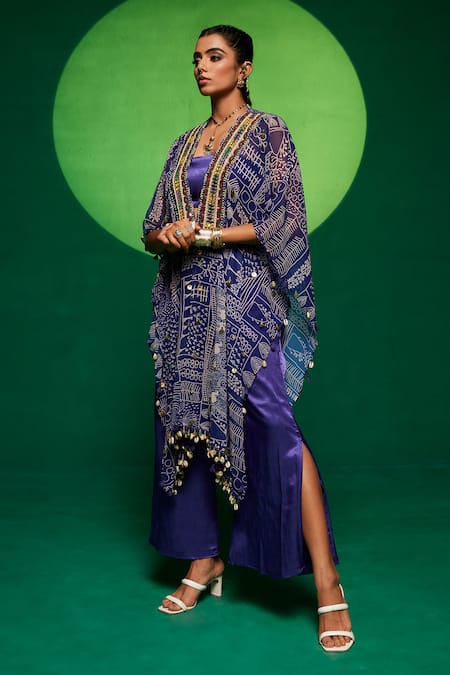 Buy_Payal & Zinal_Purple Georgette, Gabardine Tassels, Geometric Print Cape Flared Pant Set _Online_at_Aza_Fashions
