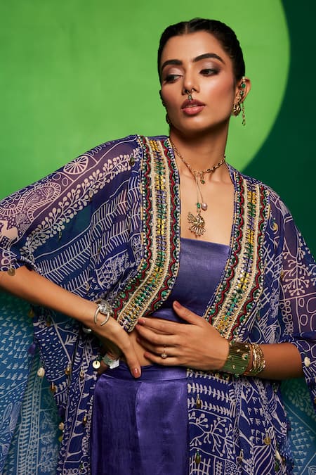 Shop_Payal & Zinal_Purple Georgette, Gabardine Tassels, Geometric Print Cape Flared Pant Set _Online_at_Aza_Fashions