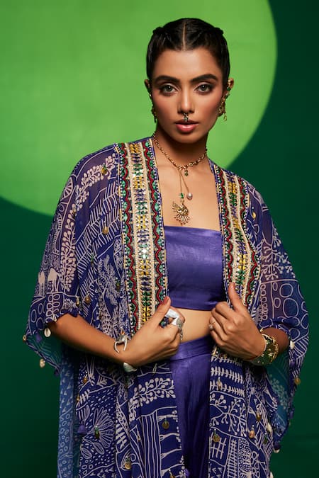 Payal & Zinal_Purple Georgette, Gabardine Tassels, Geometric Print Cape Flared Pant Set _at_Aza_Fashions