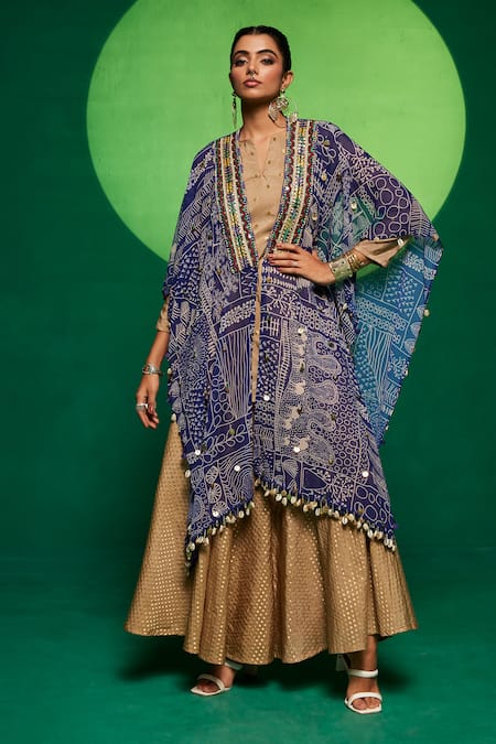 Payal & Zinal Geometric Print Cape & Flared Pant Set 