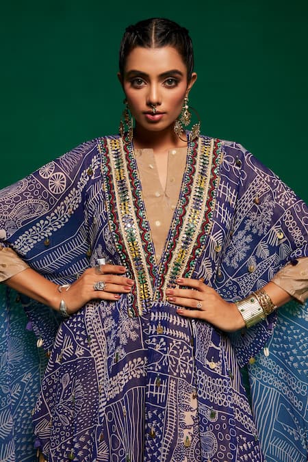 Payal & Zinal_Blue Georgette, Denim Mirrors, Geometric Print Cape And Flared Pant Set _Online_at_Aza_Fashions