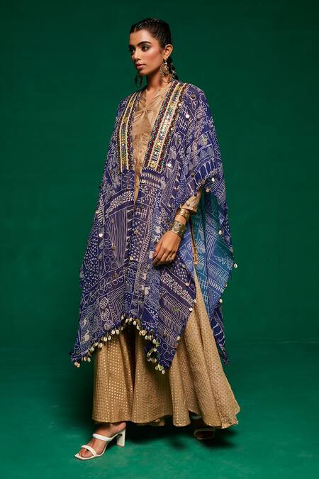 Buy_Payal & Zinal_Blue Georgette, Denim Mirrors, Geometric Print Cape And Flared Pant Set _Online_at_Aza_Fashions