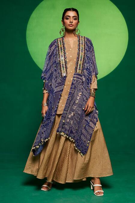 Shop_Payal & Zinal_Blue Georgette, Denim Mirrors, Geometric Print Cape And Flared Pant Set _Online_at_Aza_Fashions