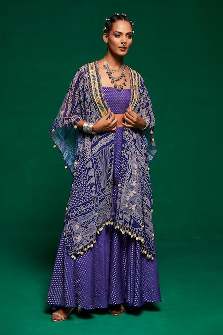 Payal & Zinal Purple Georgette Printed Geometric Tribal Cape Open Sharara Set 