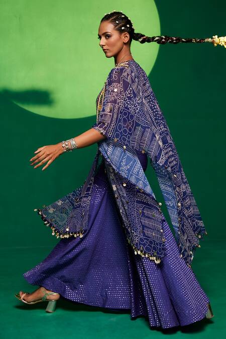 Shop_Payal & Zinal_Purple Georgette Printed Geometric Tribal Cape Open Sharara Set _Online_at_Aza_Fashions