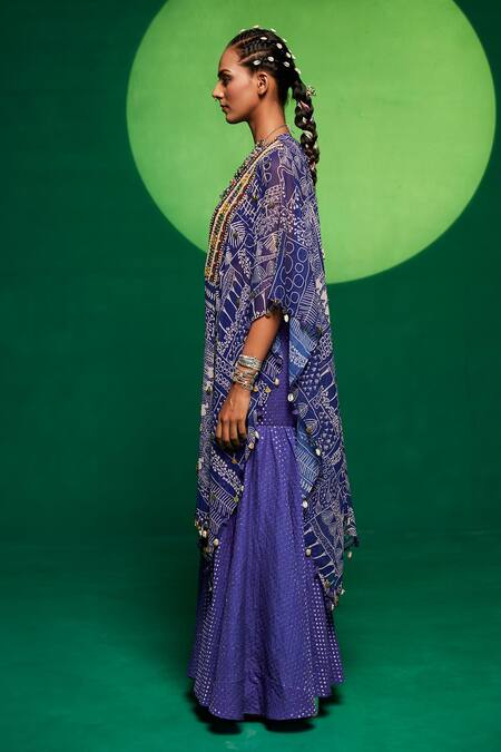 Payal & Zinal_Purple Georgette Printed Geometric Tribal Cape Open Sharara Set _at_Aza_Fashions