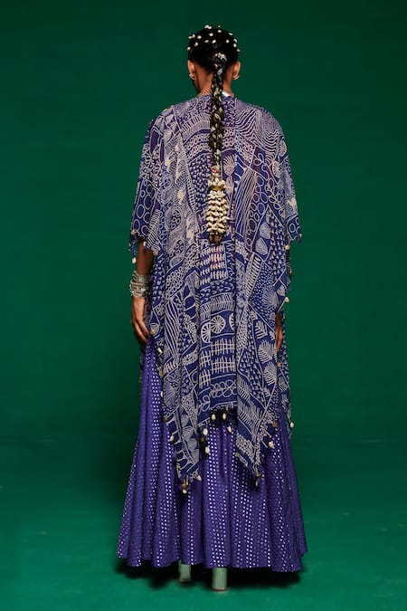 Shop_Payal & Zinal_Purple Muslin Printed Geometric Tribal Cape Open Sharara Set _at_Aza_Fashions