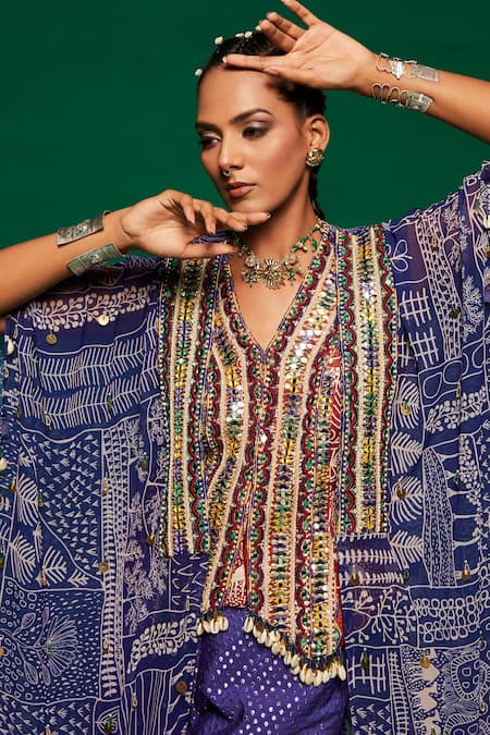 Payal & Zinal_Purple Muslin Printed Geometric Tribal Cape Open Sharara Set _Online_at_Aza_Fashions