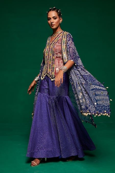 Buy_Payal & Zinal_Purple Muslin Printed Geometric Tribal Cape Open Sharara Set _Online_at_Aza_Fashions