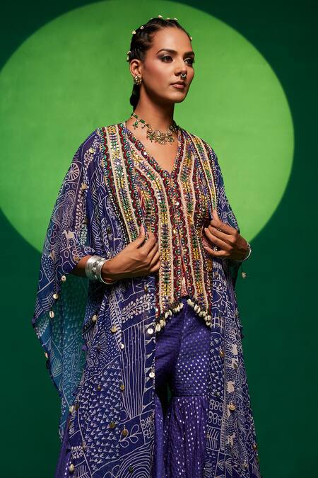 Shop_Payal & Zinal_Purple Muslin Printed Geometric Tribal Cape Open Sharara Set _Online_at_Aza_Fashions