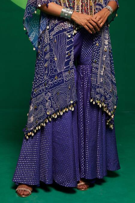 Payal & Zinal_Purple Muslin Printed Geometric Tribal Cape Open Sharara Set _at_Aza_Fashions