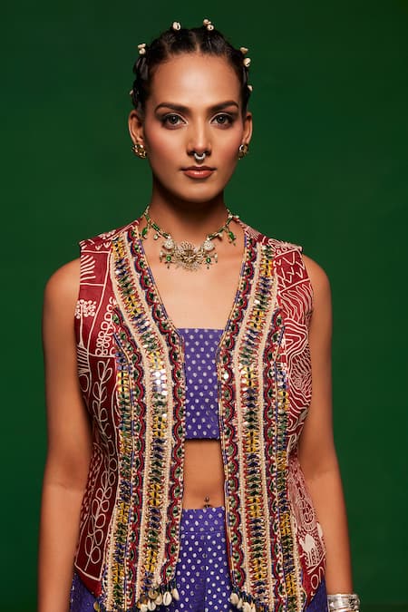 Payal & Zinal_Purple Muslin, Denim Beads, Mirrors, Tassels, Garden Print Waistcoat Sharara Set _Online_at_Aza_Fashions
