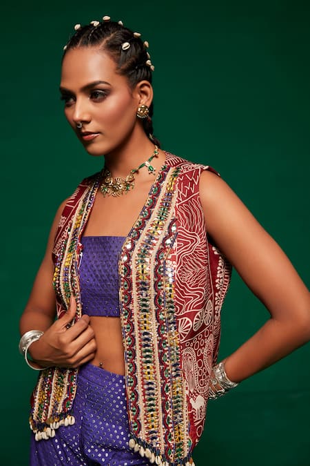 Buy_Payal & Zinal_Purple Muslin, Denim Beads, Mirrors, Tassels, Garden Print Waistcoat Sharara Set _Online_at_Aza_Fashions