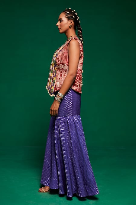 Shop_Payal & Zinal_Purple Muslin, Denim Beads, Mirrors, Tassels, Garden Print Waistcoat Sharara Set _Online_at_Aza_Fashions