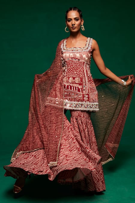 Payal & Zinal_Brown Organza, Muslin Embroidery, Pearls, Botanical Print Kurta Sharara Set _Online_at_Aza_Fashions