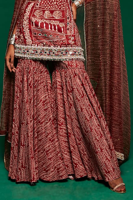 Buy_Payal & Zinal_Brown Organza, Muslin Embroidery, Pearls, Botanical Print Kurta Sharara Set _Online_at_Aza_Fashions