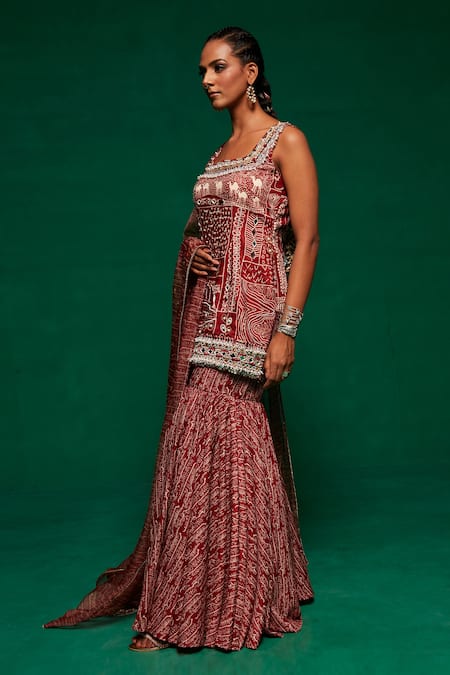 Shop_Payal & Zinal_Brown Organza, Muslin Embroidery, Pearls, Botanical Print Kurta Sharara Set _Online_at_Aza_Fashions