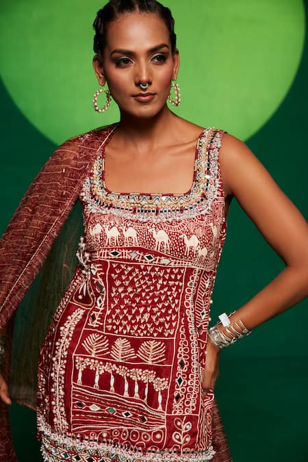 Payal & Zinal_Brown Organza, Muslin Embroidery, Pearls, Botanical Print Kurta Sharara Set _at_Aza_Fashions