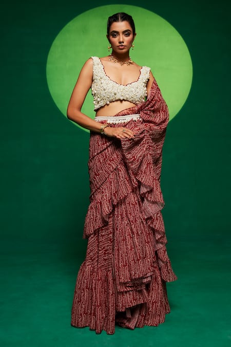 Payal & Zinal_Brown Georgette Pearls Round Neck Printed Pre-draped Saree With Blouse _Online_at_Aza_Fashions