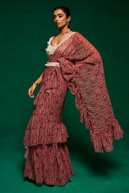 Buy_Payal & Zinal_Brown Georgette Pearls Round Neck Printed Pre-draped Saree With Blouse _Online_at_Aza_Fashions