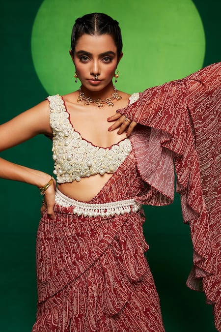 Shop_Payal & Zinal_Brown Georgette Pearls Round Neck Printed Pre-draped Saree With Blouse _Online_at_Aza_Fashions