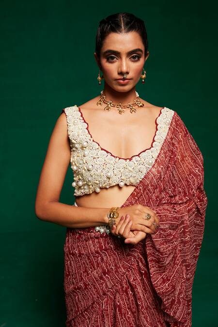 Payal & Zinal_Brown Georgette Pearls Round Neck Printed Pre-draped Saree With Blouse _at_Aza_Fashions