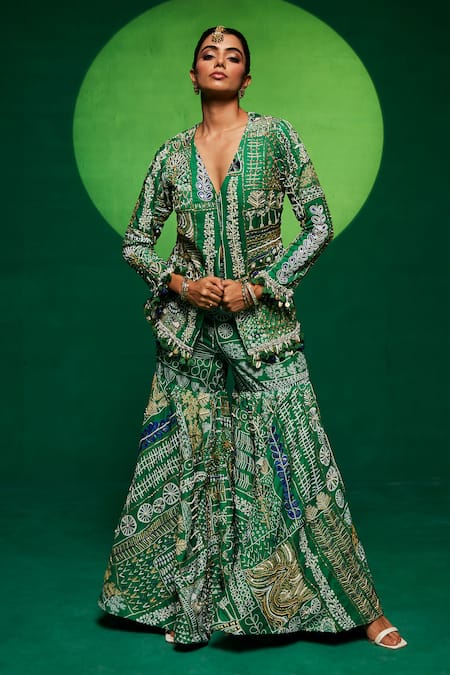 Payal & Zinal Green Muslin Printed Floral V Neck Embroidered Jacket Kurta And Sharara Set 