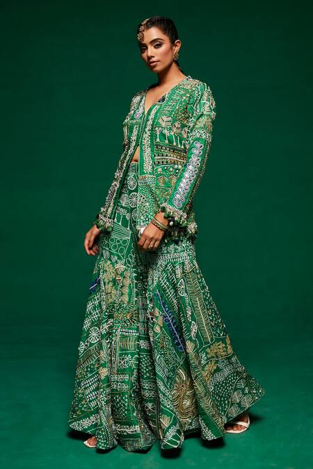 Payal & Zinal_Green Muslin Sequins, Pearls, Metallic Embroidered Jacket Kurta And Sharara Set _Online_at_Aza_Fashions