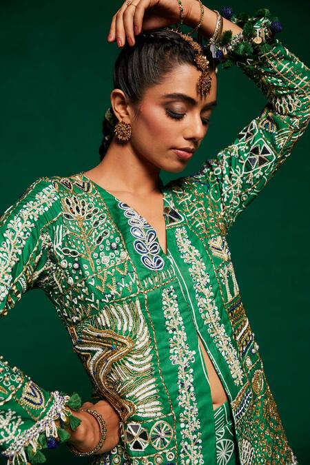 Buy_Payal & Zinal_Green Muslin Sequins, Pearls, Metallic Embroidered Jacket Kurta And Sharara Set _Online_at_Aza_Fashions